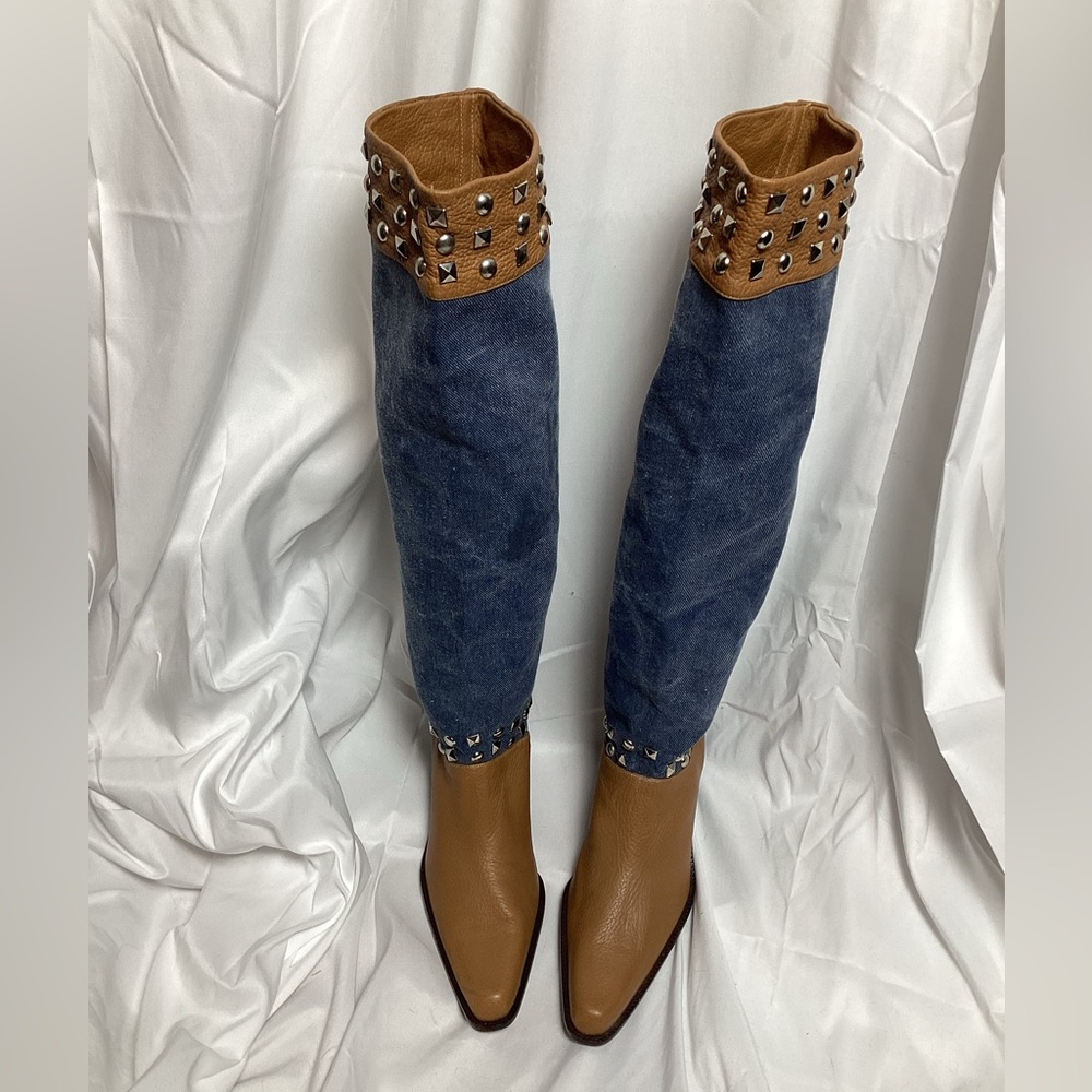 Stuart Weitzman Studded Denim & Leather Boots - Size 7M